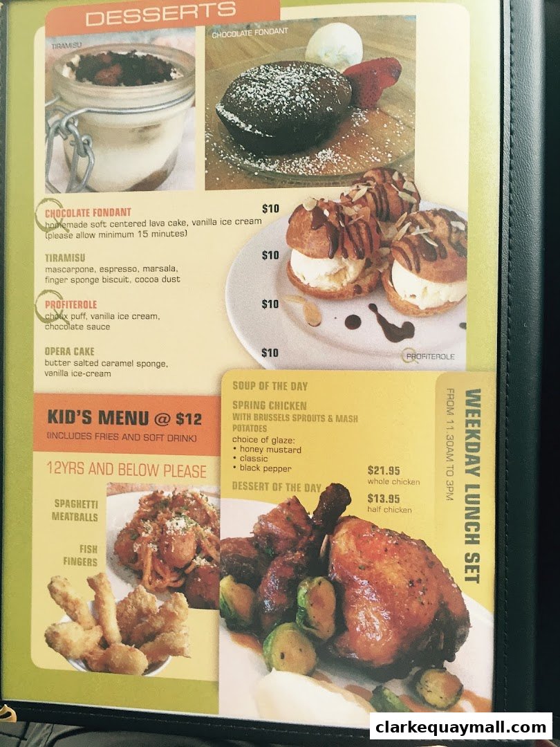 A menu featuring desserts, kid's meals, and weekday lunch specials with images of food.