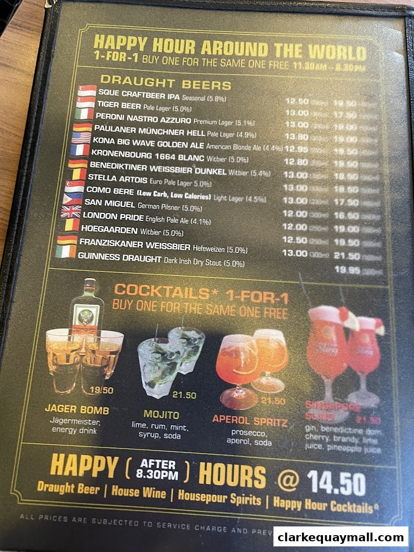 A menu featuring draught beers, cocktails, and happy hour specials with prices.