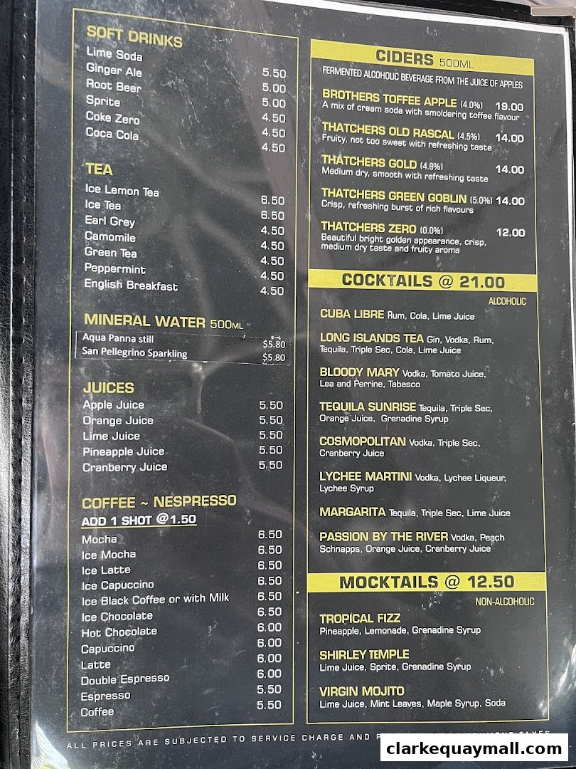 A menu featuring soft drinks, teas, juices, coffees, ciders, cocktails, and mocktails with prices.