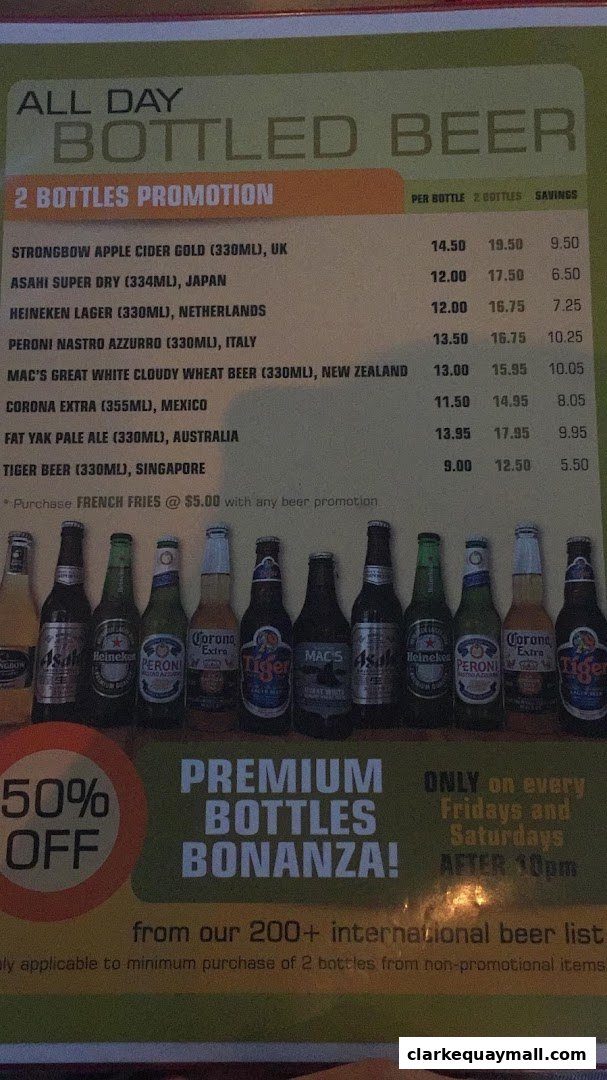 A menu featuring bottled beer promotions with prices and a selection of beer bottles displayed.