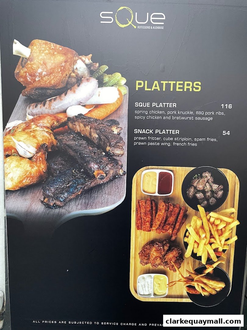 A menu featuring platters from SQUE Rotisserie & Alehouse with images of food.