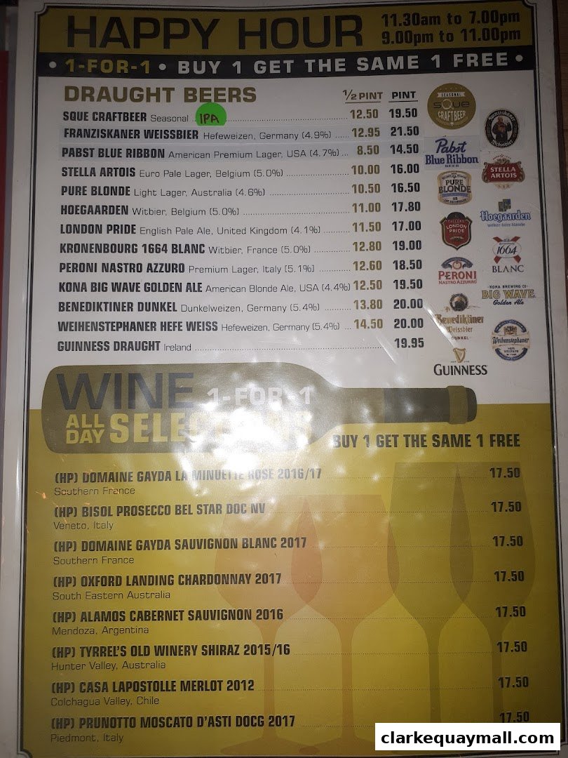 A menu featuring happy hour specials on draught beers and all-day wine deals.