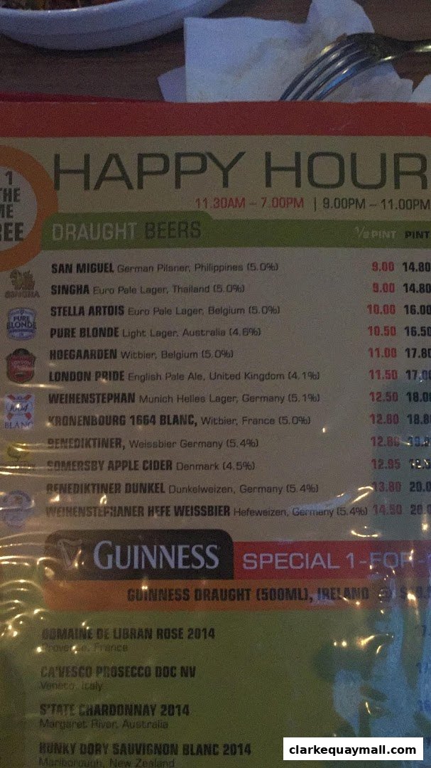 A menu featuring happy hour draught beers and other beverages with prices.