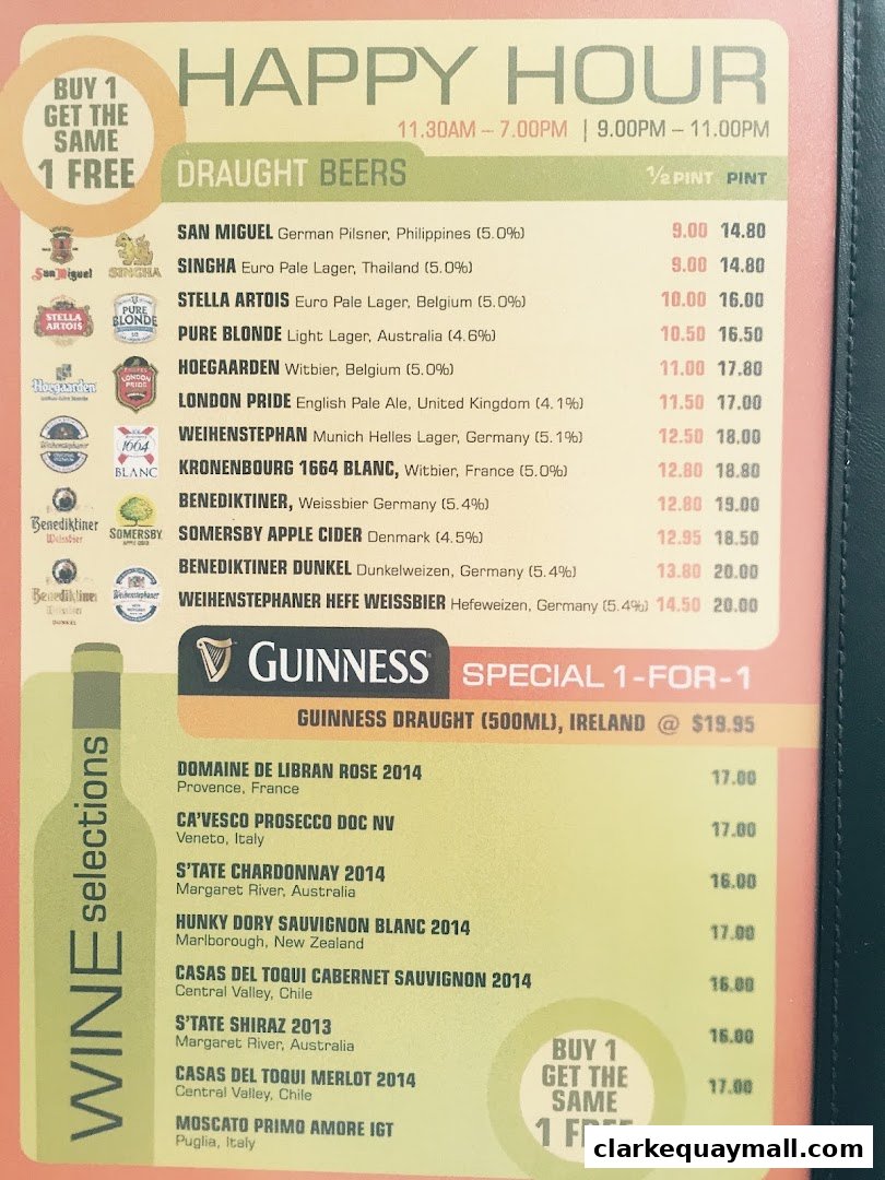 A menu featuring happy hour specials on draught beers and wine selections.