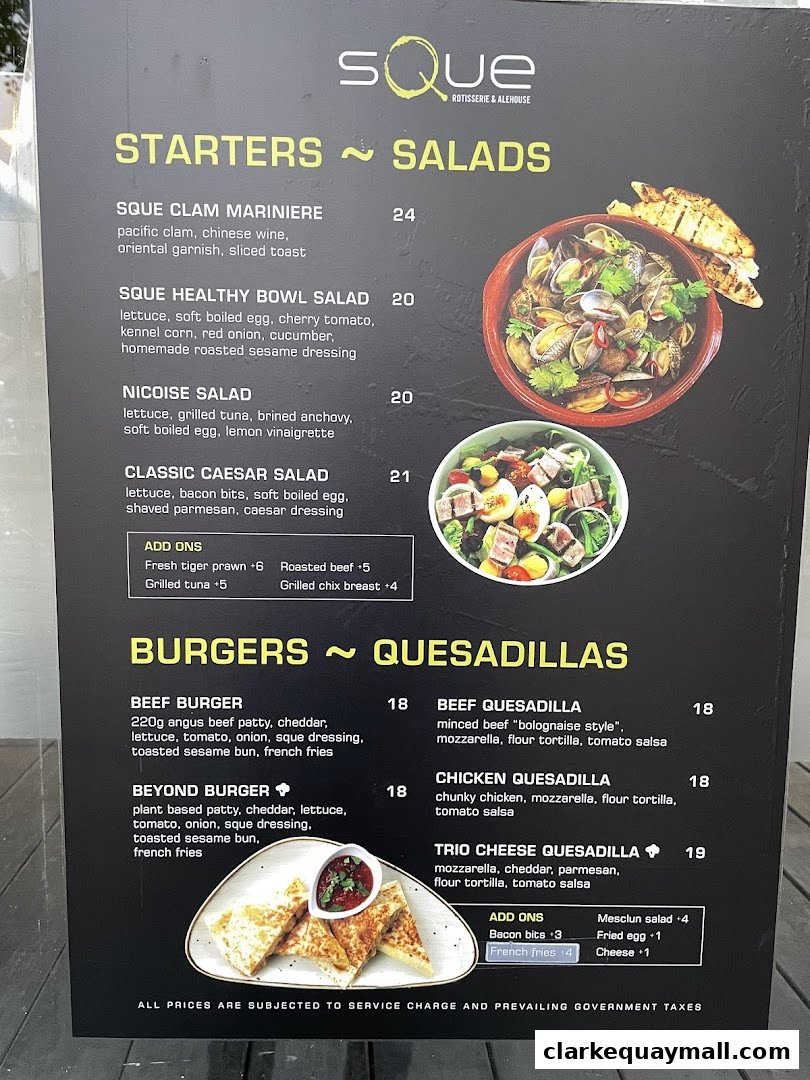 A menu for SQUE Rotisserie & Alehouse featuring starters, salads, burgers, and quesadillas.