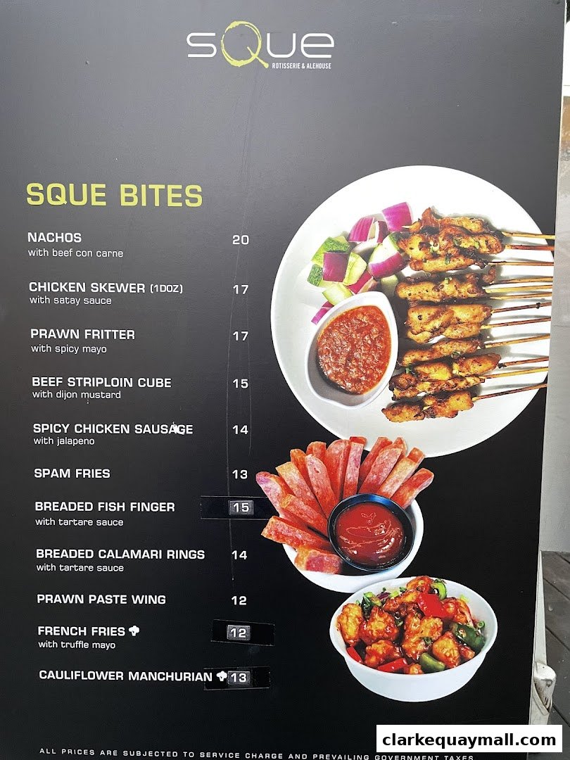 A menu board for SQUE Rotisserie & Alehouse, featuring various appetizers and their prices.