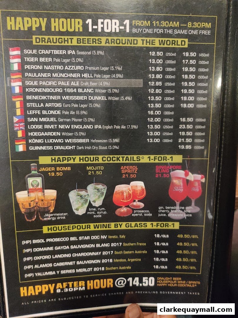A menu for SQUE Rotisserie & Alehouse featuring happy hour deals on draught beers, cocktails, and wine.