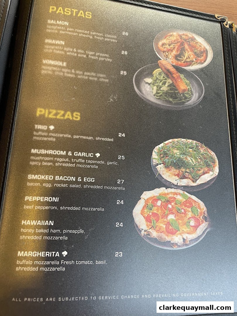 A menu featuring pastas and pizzas with descriptions and prices.