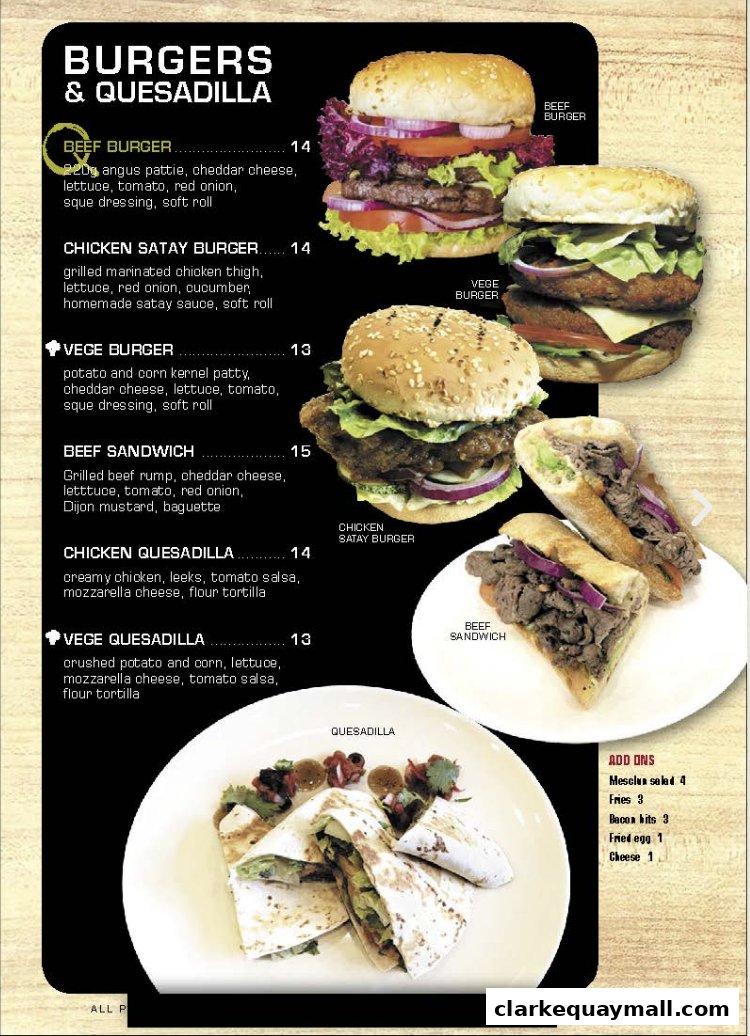 A menu featuring burgers, quesadillas, and sandwiches with accompanying images.