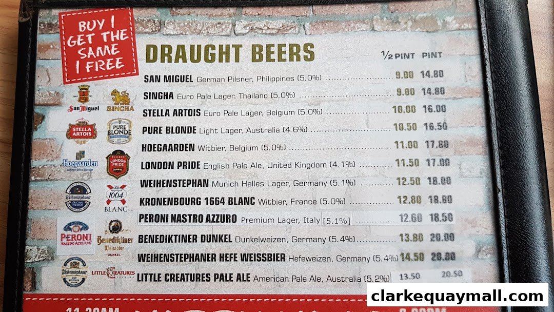 A menu featuring a selection of draught beers with prices and descriptions.