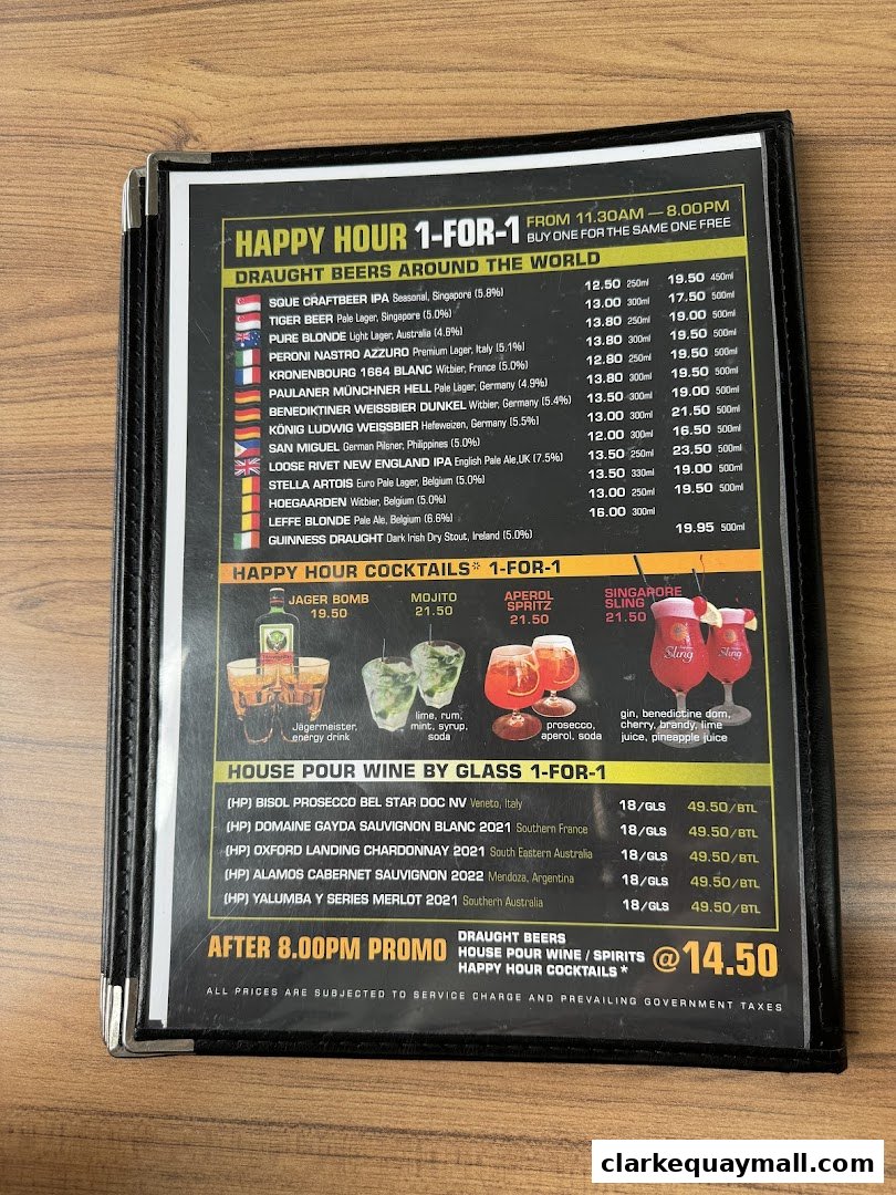 A menu featuring happy hour deals on draught beers, cocktails, and house pour wines.
