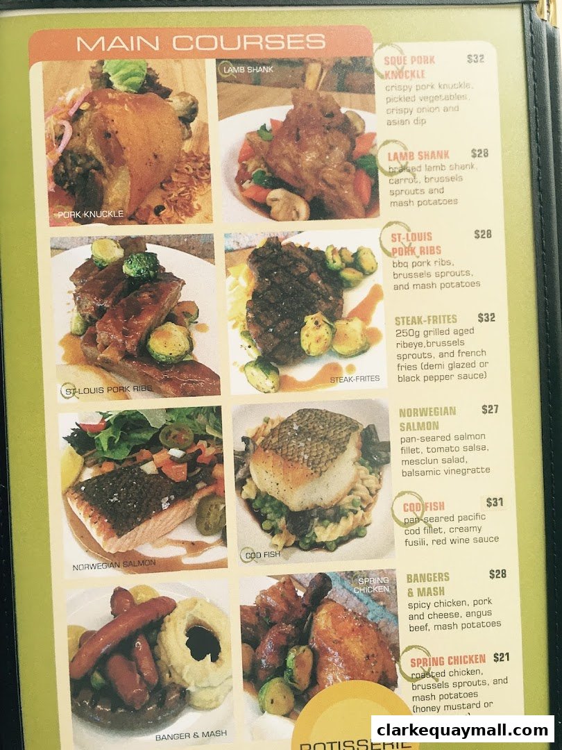 A menu featuring various main courses with enticing food photography.