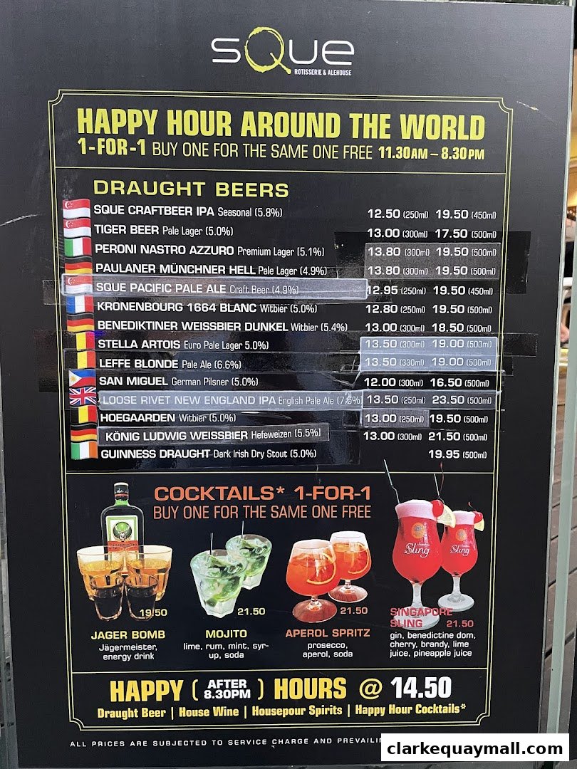 A menu board for SQUE Rotisserie & Alehouse featuring draught beers and cocktails with happy hour promotions.