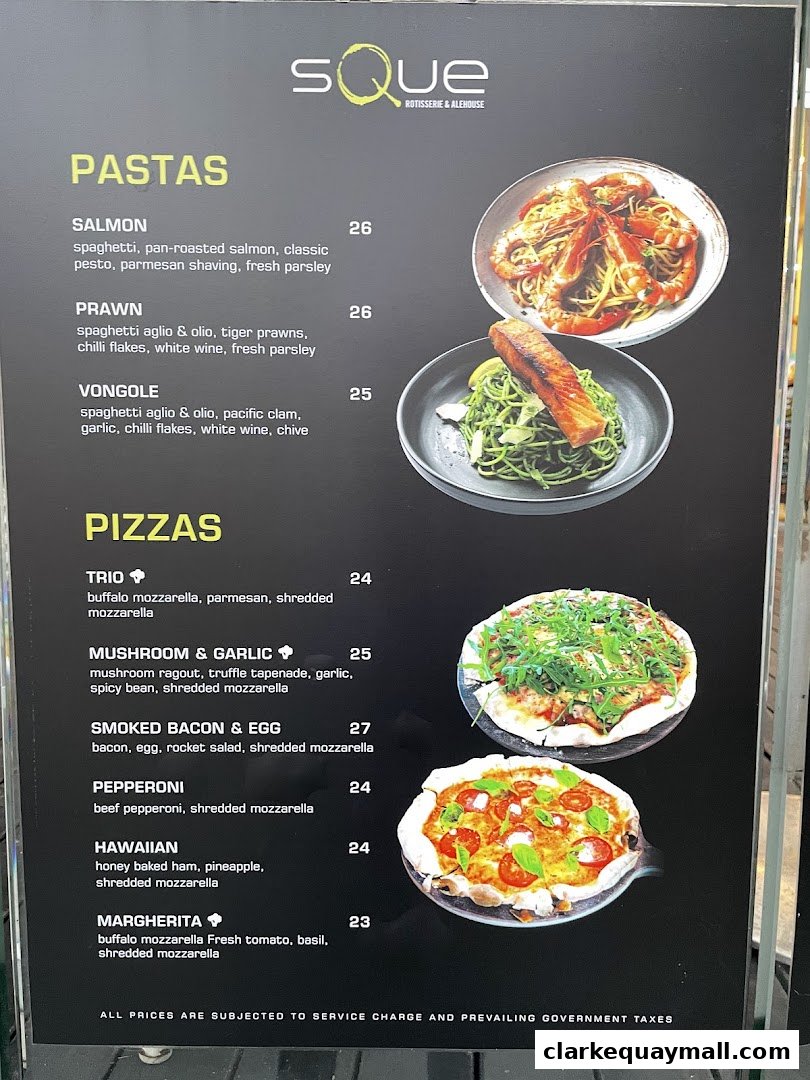 A menu from SQUE Rotisserie & Alehouse featuring pastas and pizzas with enticing descriptions and prices.