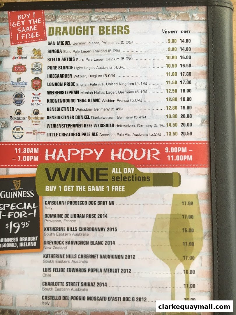 A menu featuring draught beers and wine selections with prices and happy hour specials.