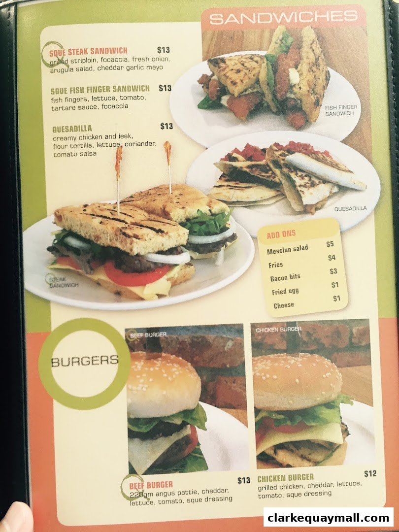 A menu page showcasing sandwiches and burgers with descriptions and prices.
