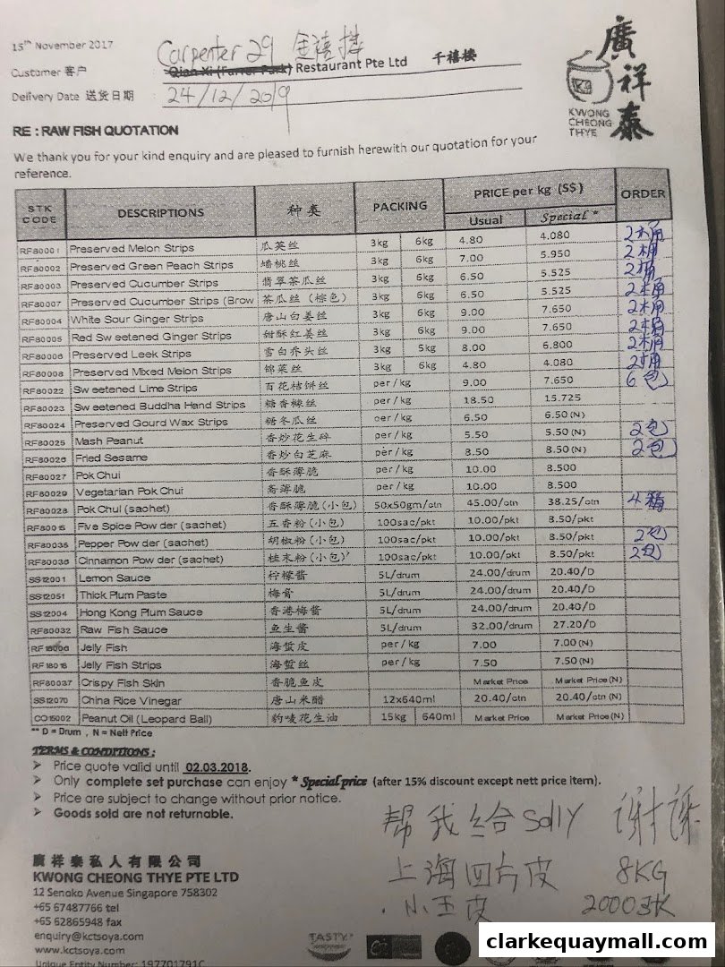 A quotation document listing various food items with prices and order details.
