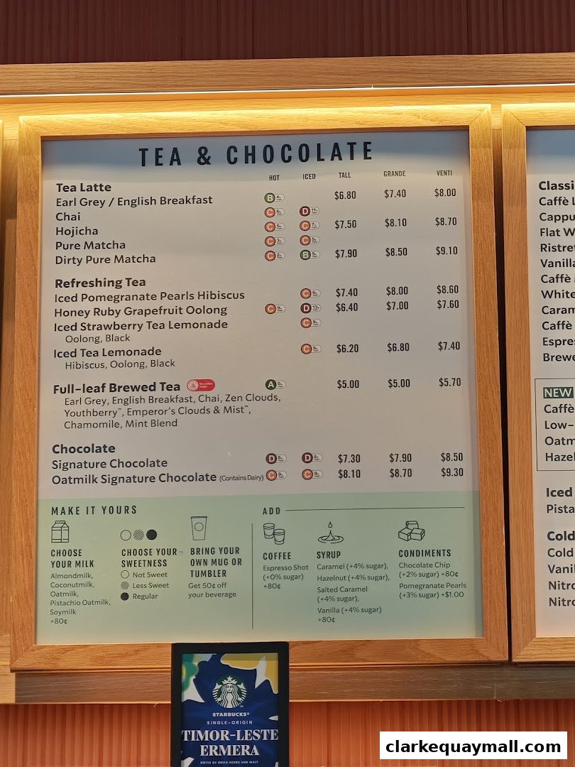 A menu board displaying various tea, chocolate, and coffee options with prices.