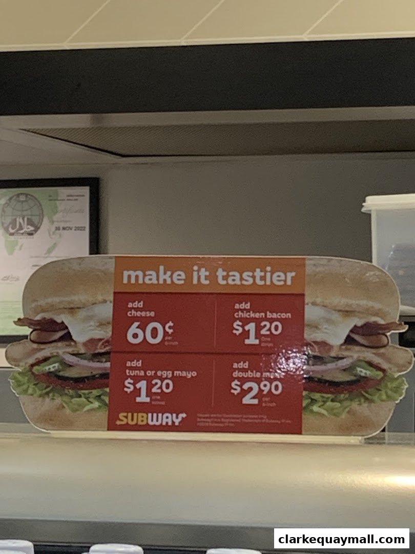 A Subway advertisement showcasing sandwich customization options and prices.