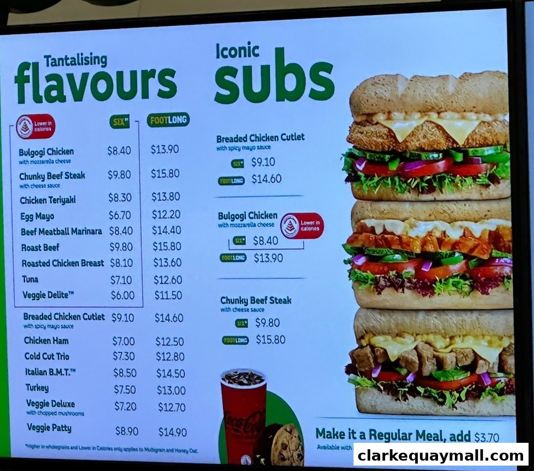 A Subway menu board displaying various sub options and prices, with appetizing images of subs.