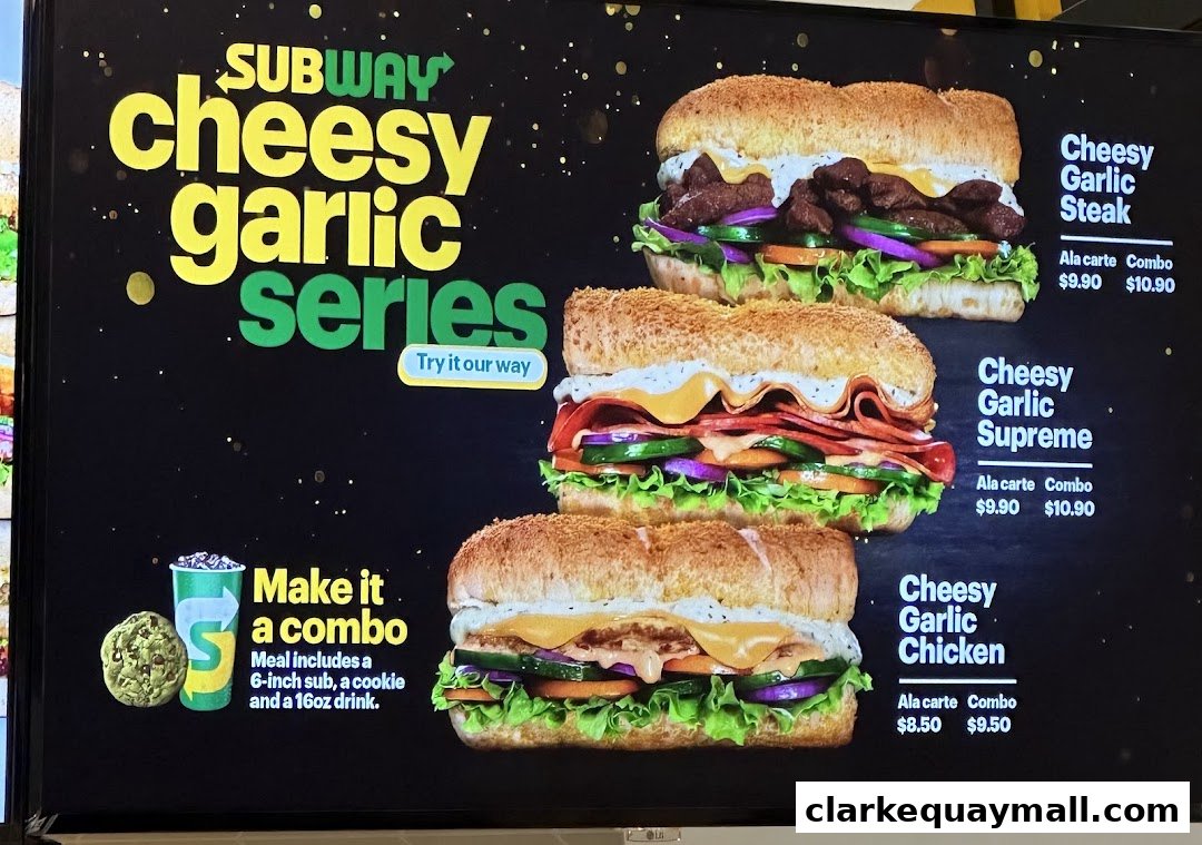 Subway's Cheesy Garlic Series menu featuring three sandwich options with prices.