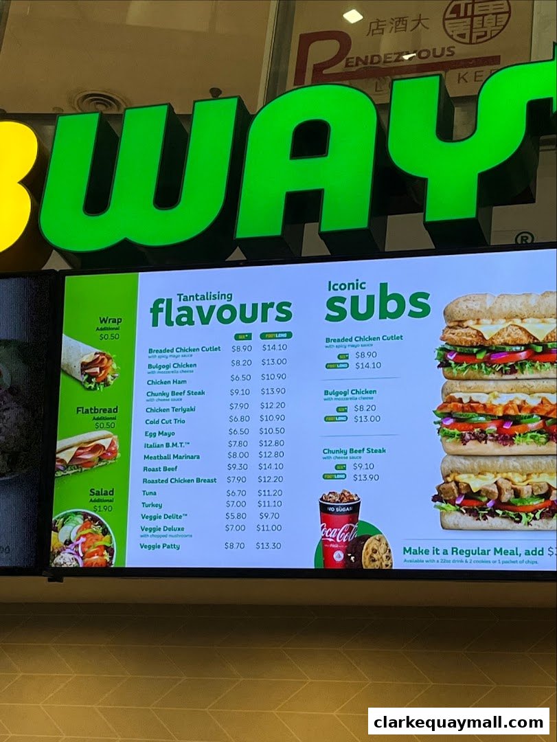 A Subway menu board displaying various sandwich options, flavors, and prices.