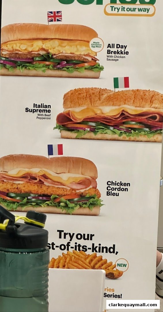 A menu display featuring three different Subway sandwiches with descriptive text and flags.