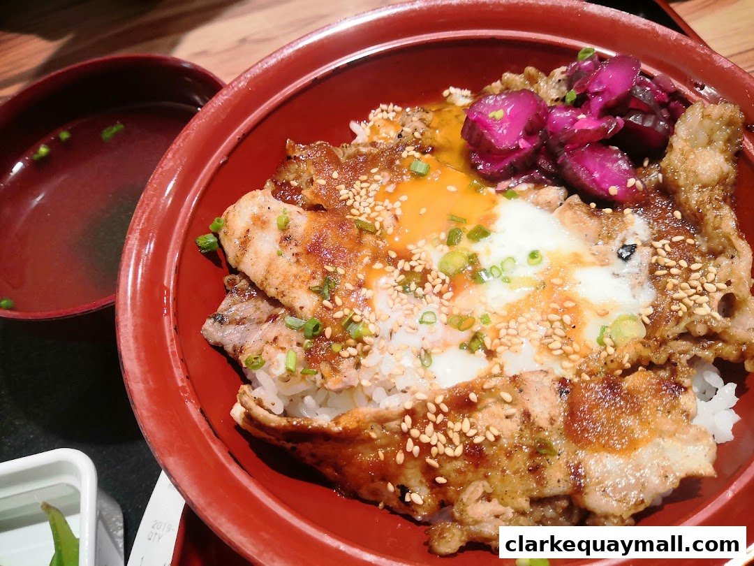 A close-up of a delicious Japanese rice bowl dish with grilled meat, egg, and pickles.