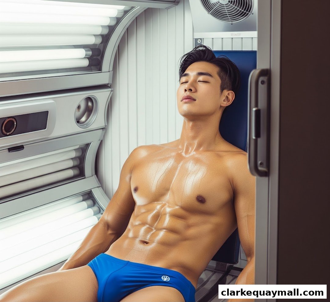 A man relaxing in a sun tanning bed, showcasing a healthy glow.