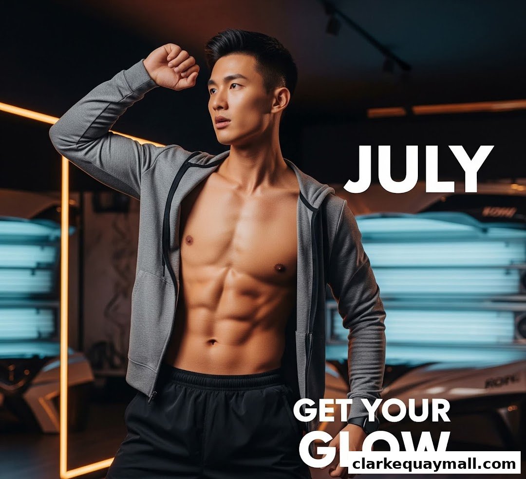 A man with a muscular physique poses in a sun tanning studio with tanning beds in the background.