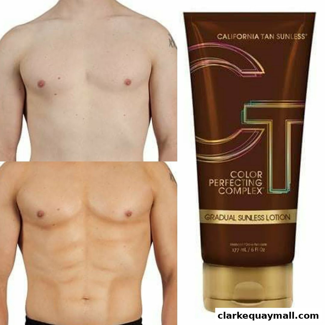 Collage of a man's chest before and after using sunless tanning lotion.