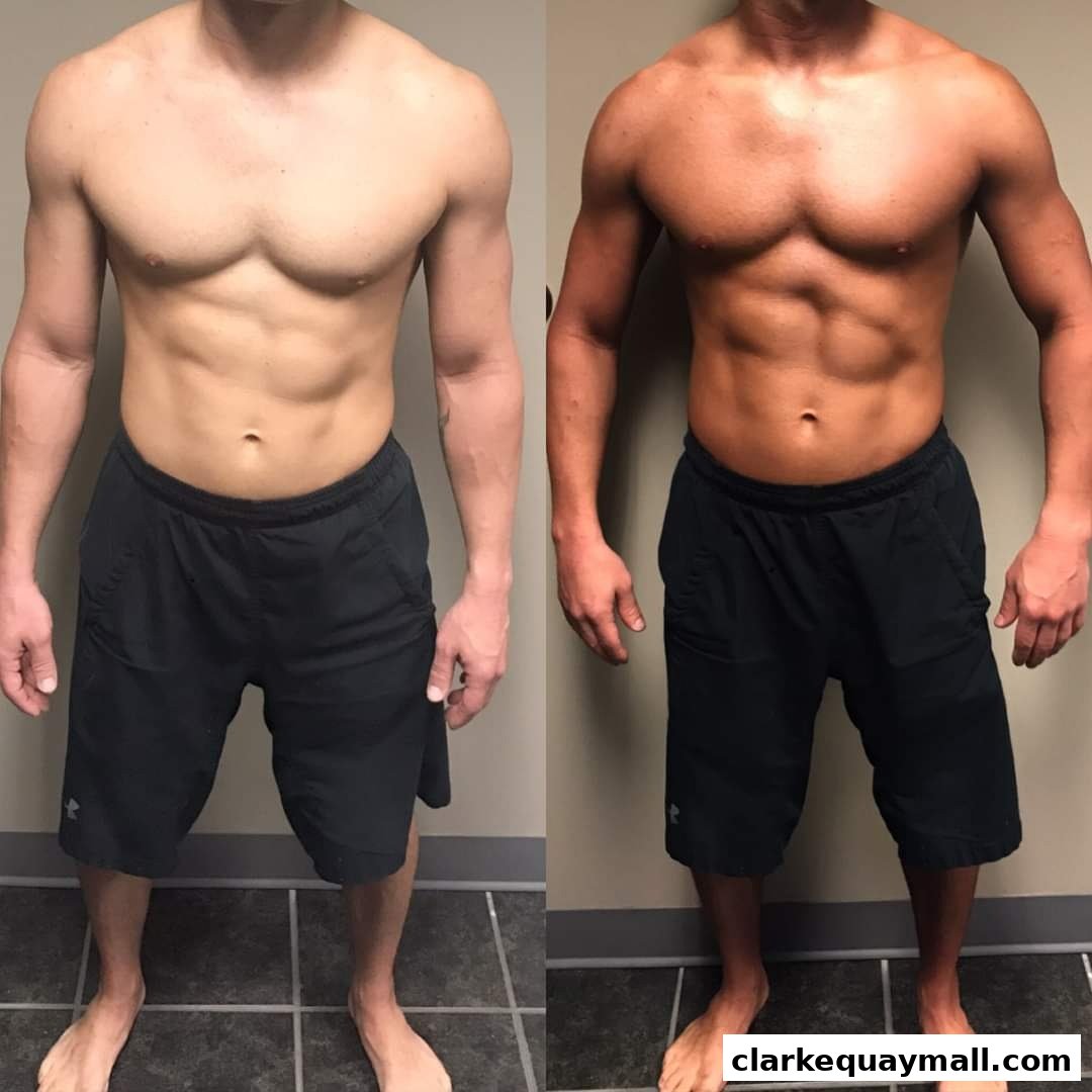 Before and after comparison of a man's tan at a sun tanning studio.