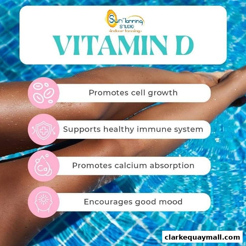 Image promoting Vitamin D benefits from Sun Tanning Studio with text overlays.
