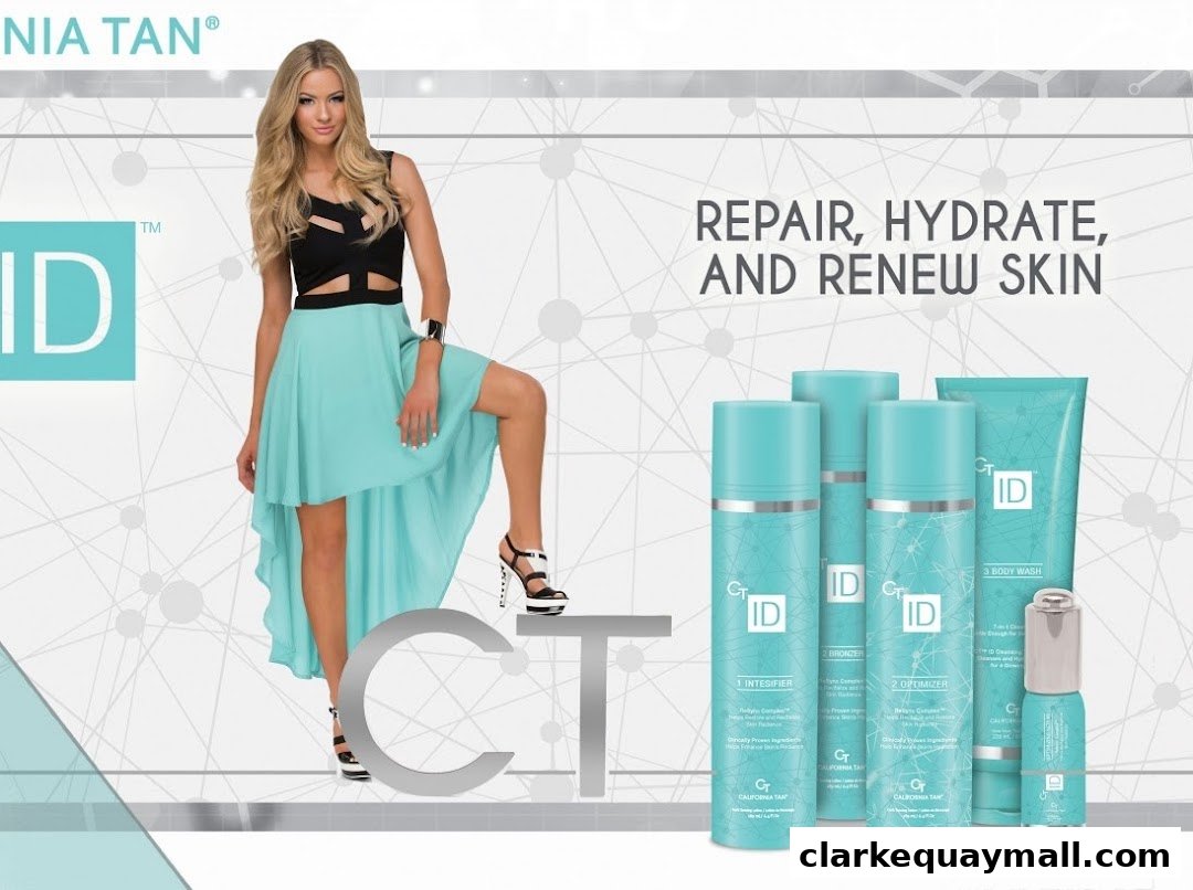 A woman in a stylish dress poses with a collection of California Tan skincare products.
