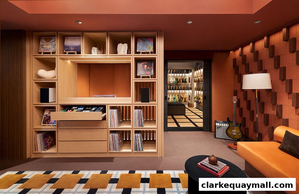 Interior of a music shop with guitars displayed and vinyl records on shelves.