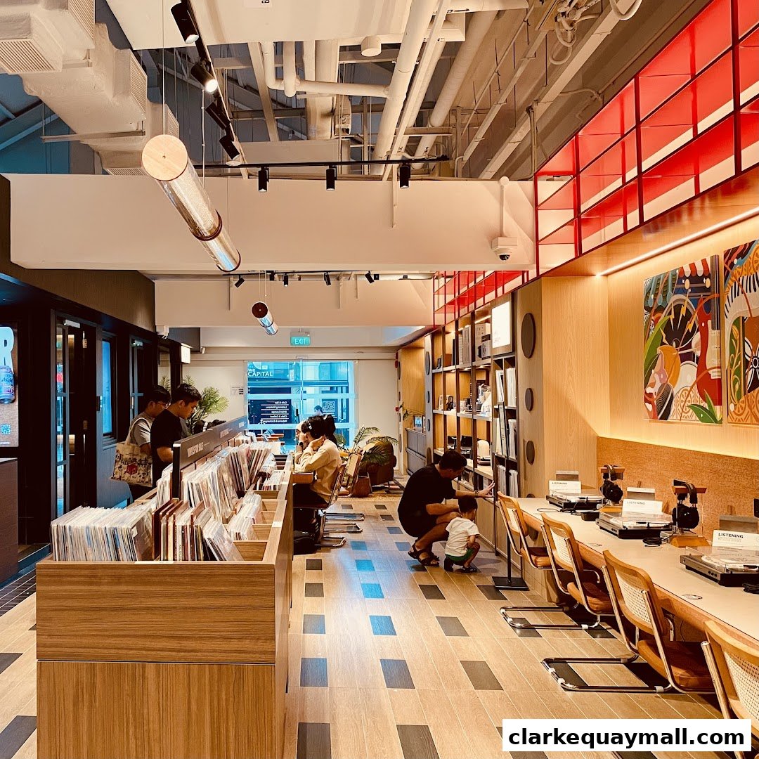 Interior of a modern music store with people browsing records and listening stations.