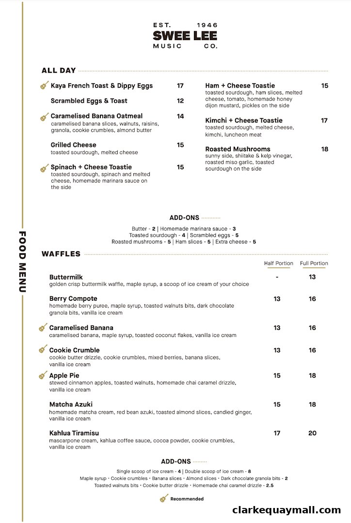 A menu from Swee Lee Music Co. featuring all-day items and waffles with prices.