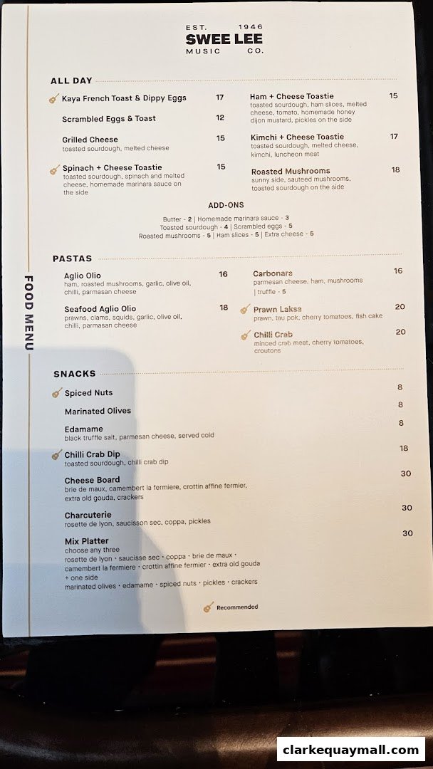 A menu from Swee Lee Music Co. featuring all-day dishes, pastas, and snacks.