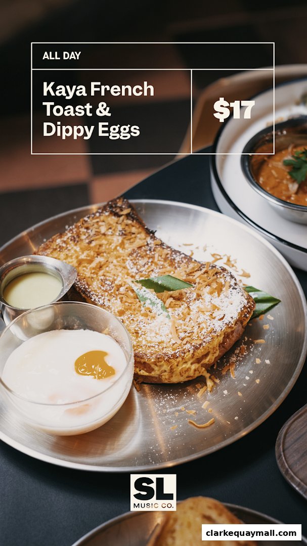 A delicious plate of Kaya French Toast with dippy eggs and a side of sauce.
