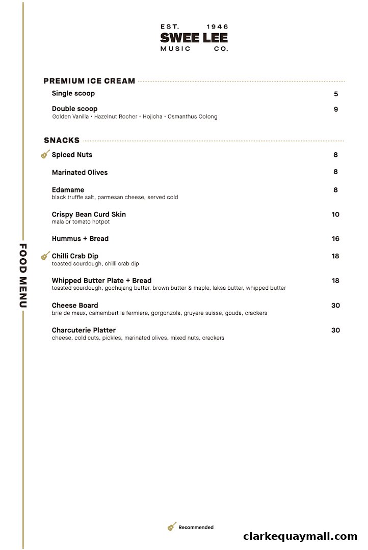 A menu from Swee Lee Music Co. featuring premium ice cream and snacks.
