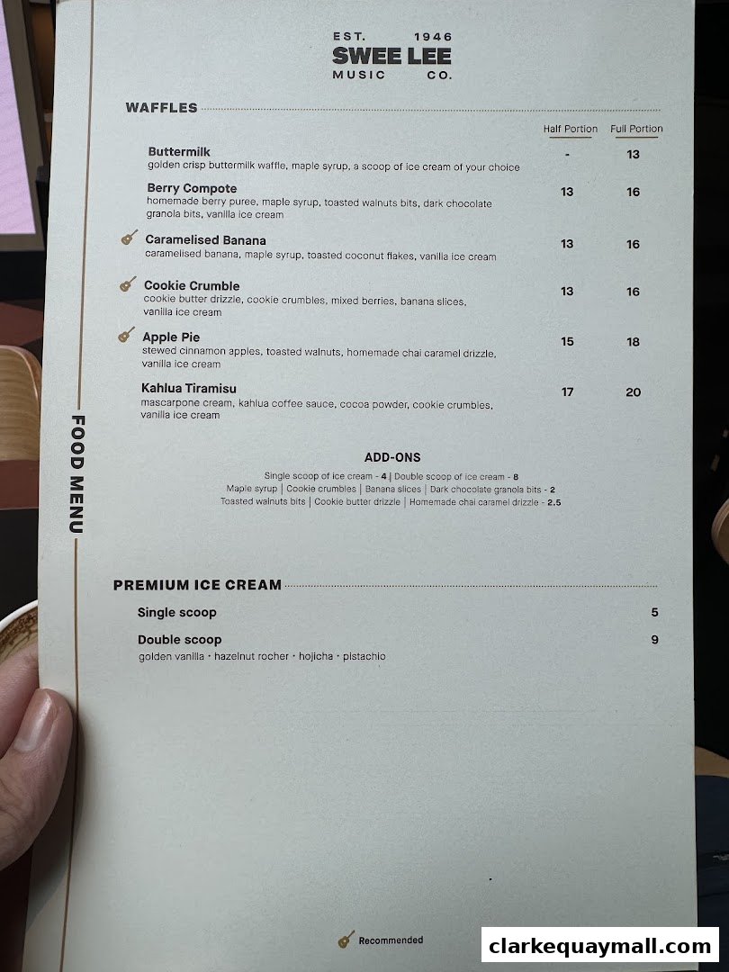 A menu from Swee Lee Music Co. featuring waffles and premium ice cream.