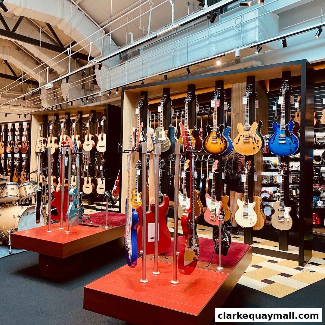 Interior view of a music store showcasing a wide selection of guitars on display.