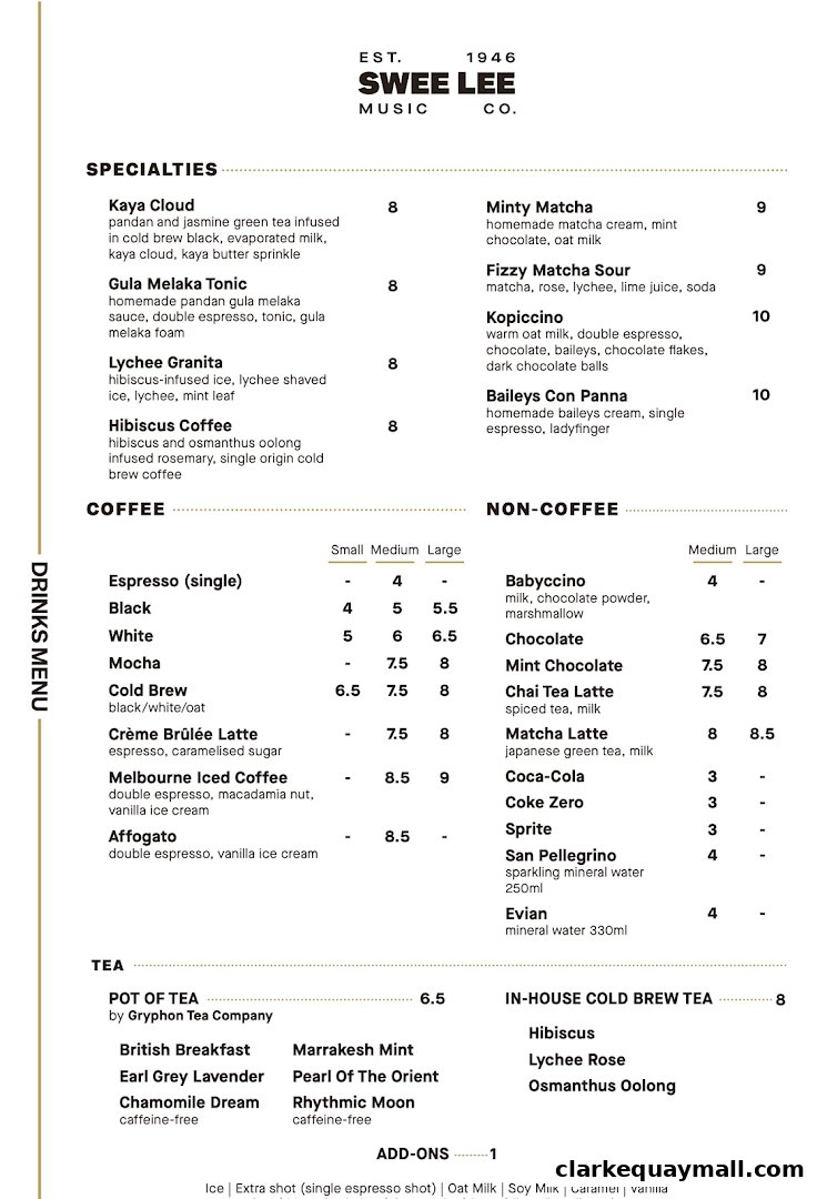 A menu for Swee Lee Music Co. featuring specialty drinks, coffee, non-coffee beverages, and teas.