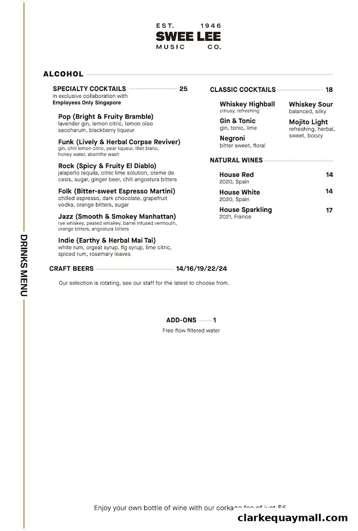 A drinks menu from Swee Lee Music Co. featuring cocktails, wines, and craft beers.