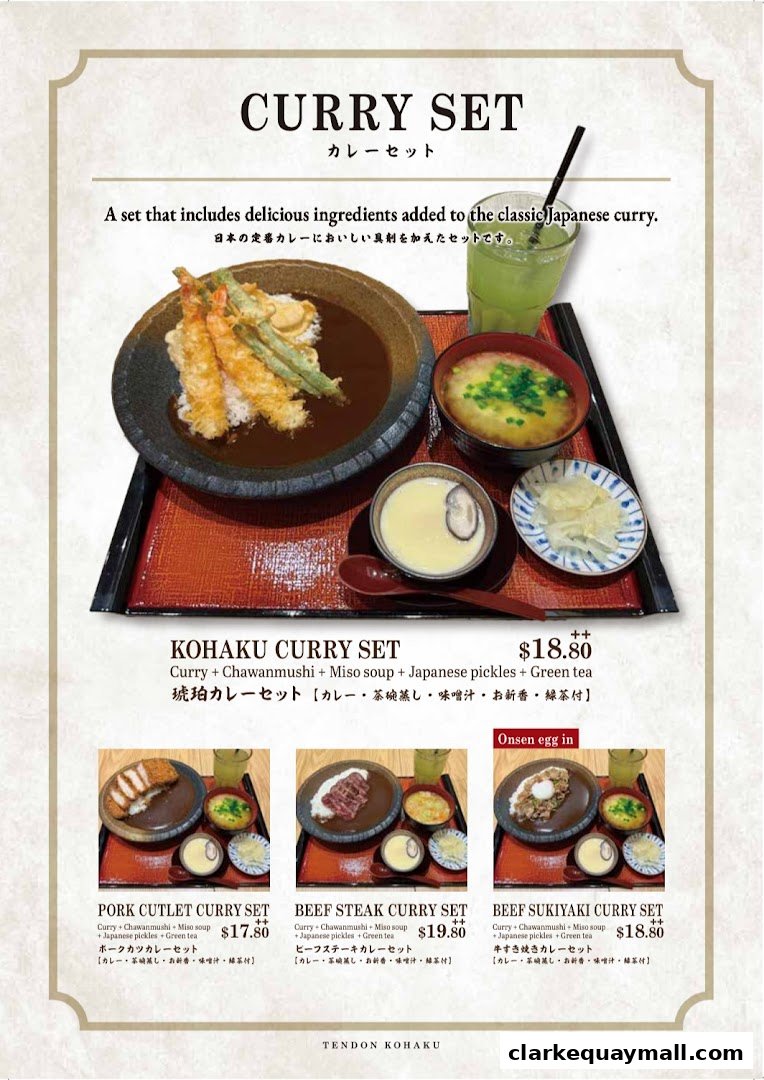 A menu showcasing various curry sets with accompanying dishes and prices.