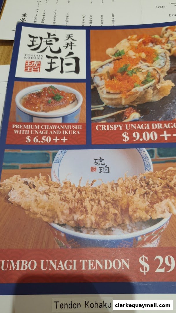 A menu from Tendon Kohaku featuring various tempura dishes and chawanmushi.