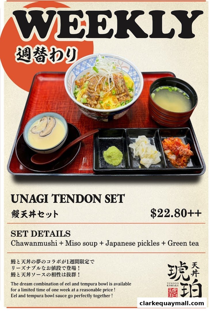 A weekly special Unagi Tendon Set with chawanmushi, miso soup, pickles, and green tea.