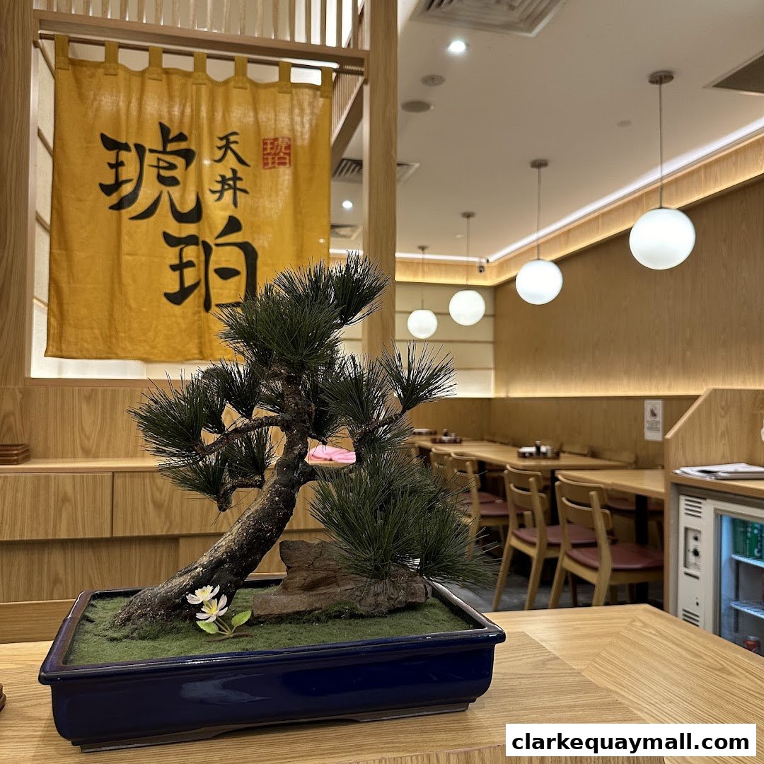 Interior shot of Tendon Kohaku The Central, featuring a bonsai tree and dining tables.