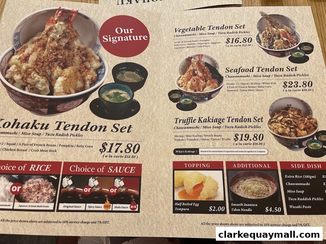 A menu from Tendon Kohaku featuring various tendon sets, sides, and toppings.