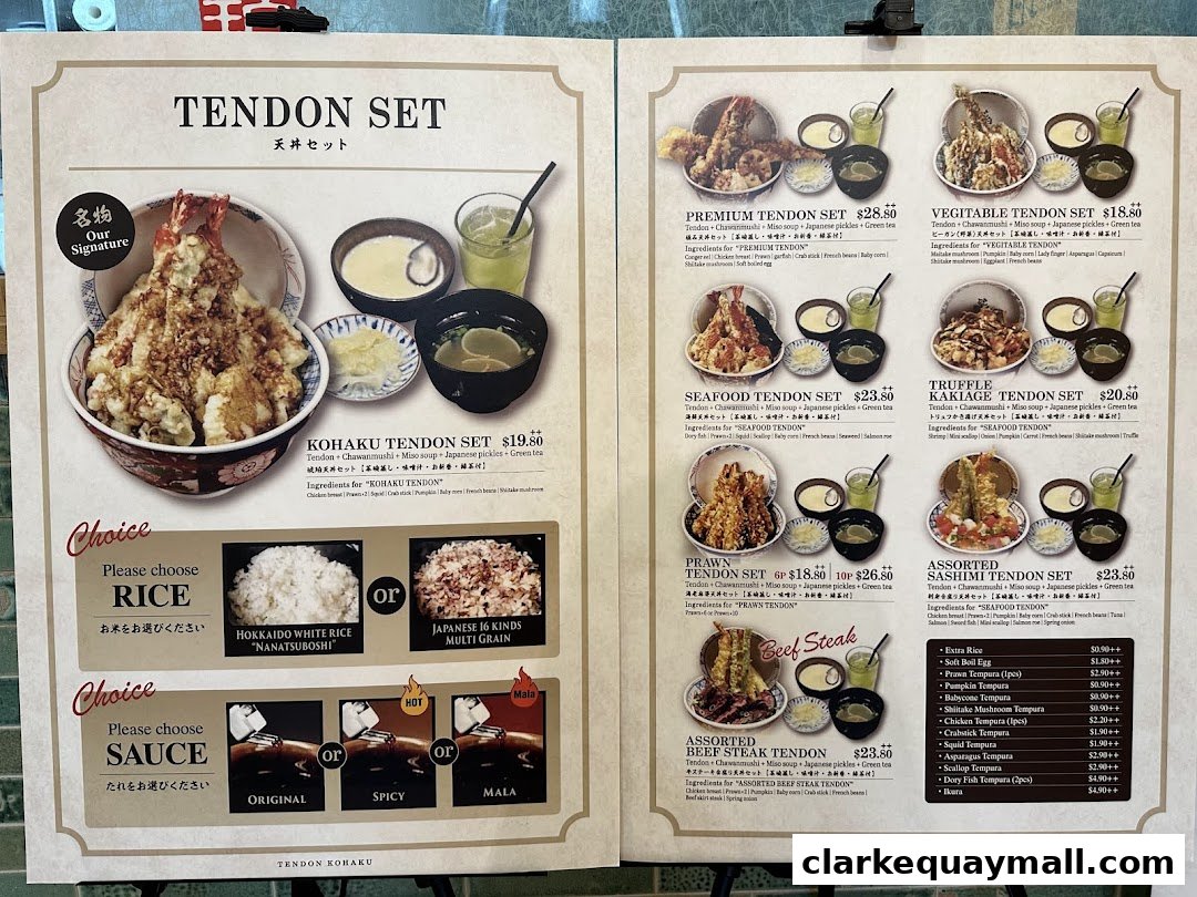 A menu showcasing various tendon sets with detailed ingredients and prices.